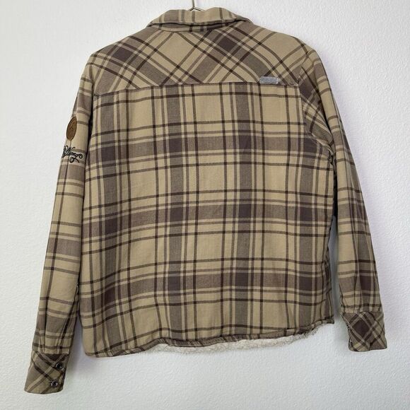 Billabong Mens Trucker Shirt/Jacket Small Tan Sherpa Lined Flannel Plaid Shacket - Picture 10 of 10
